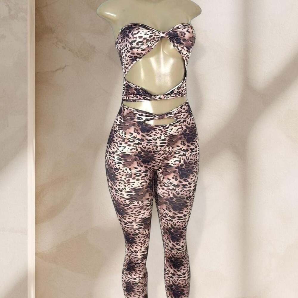 Leopard Two Piece Set – Strapless Top & High Waisted Leggings Sexy Y2K ✧ M - Picture 2 of 4